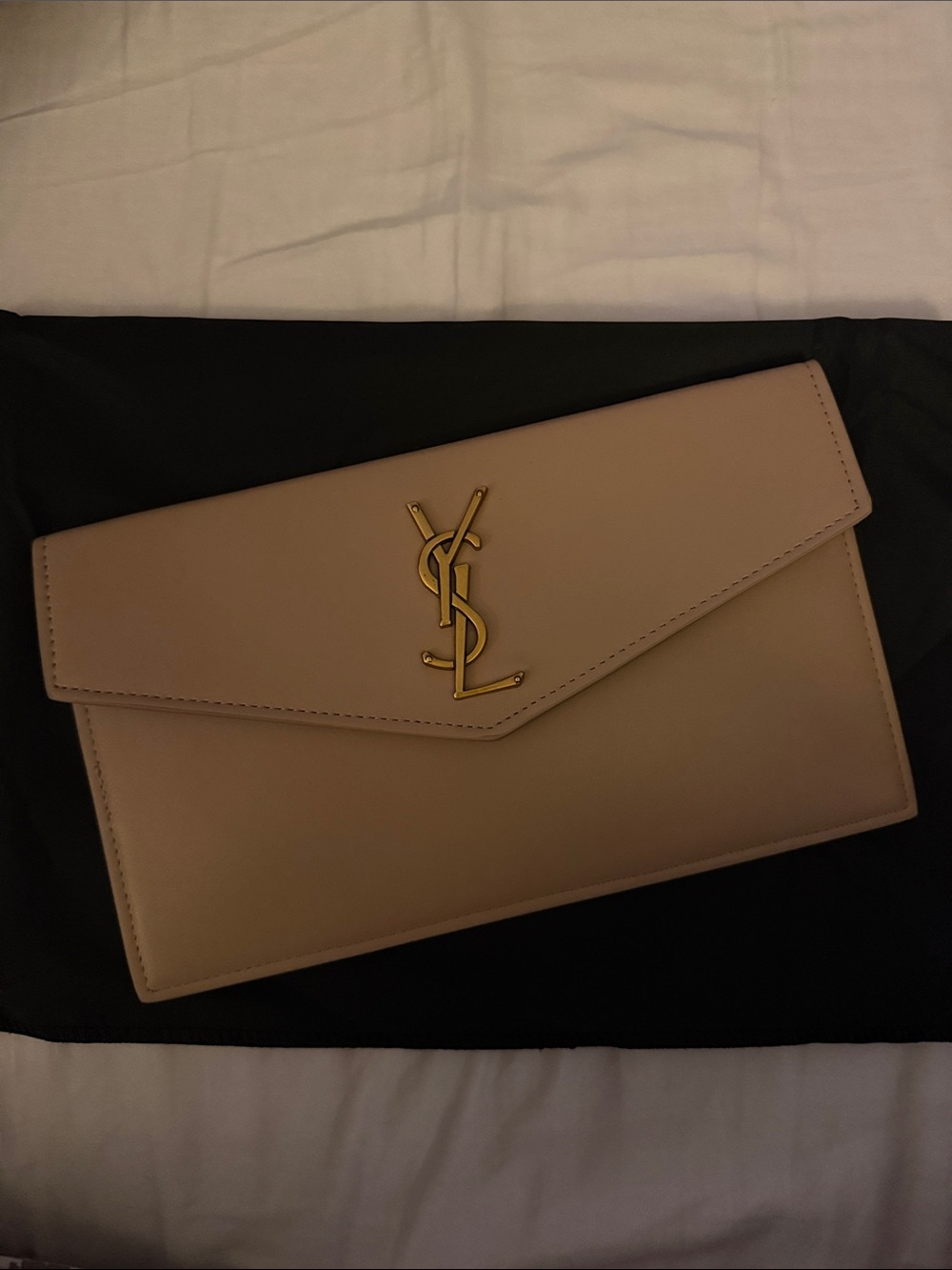 Beige Leather Envelope Clutch with Gold Logo